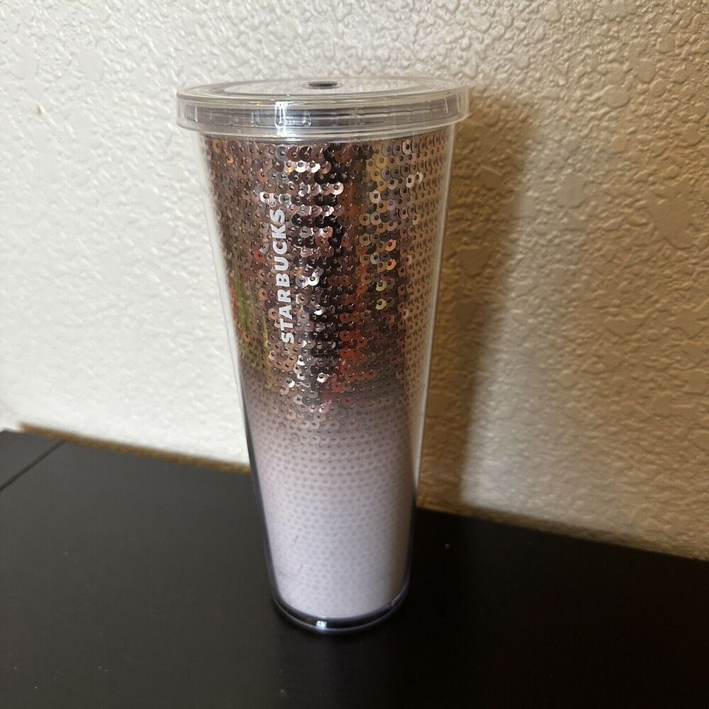 Starbucks Holiday 2018 Rose Gold White Sequin Tumbler Venti 24 Oz W/lid No Straw